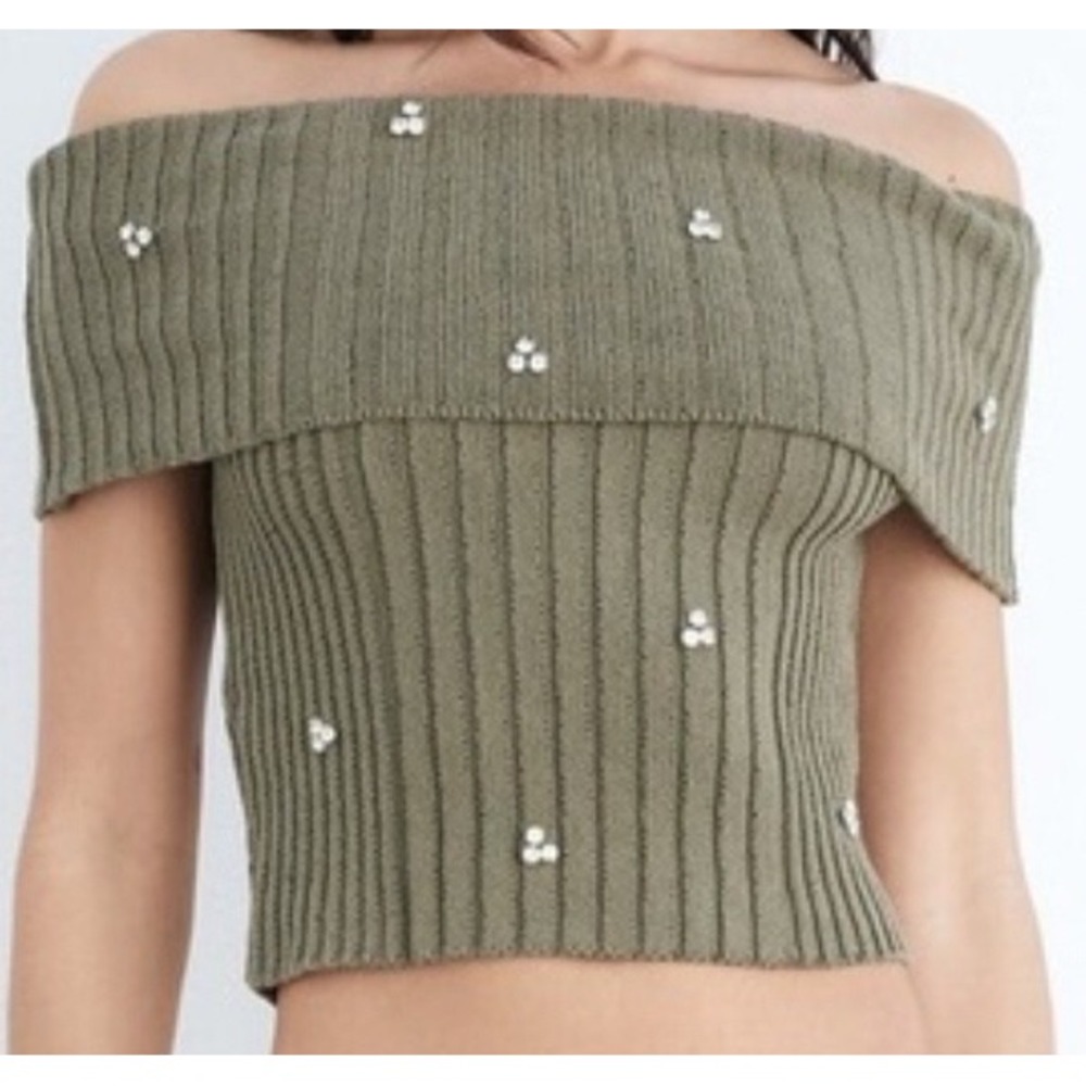 Zara Knit Top Off Shoulder XS Olive Green Rhinestone Coquette Viral TV Style